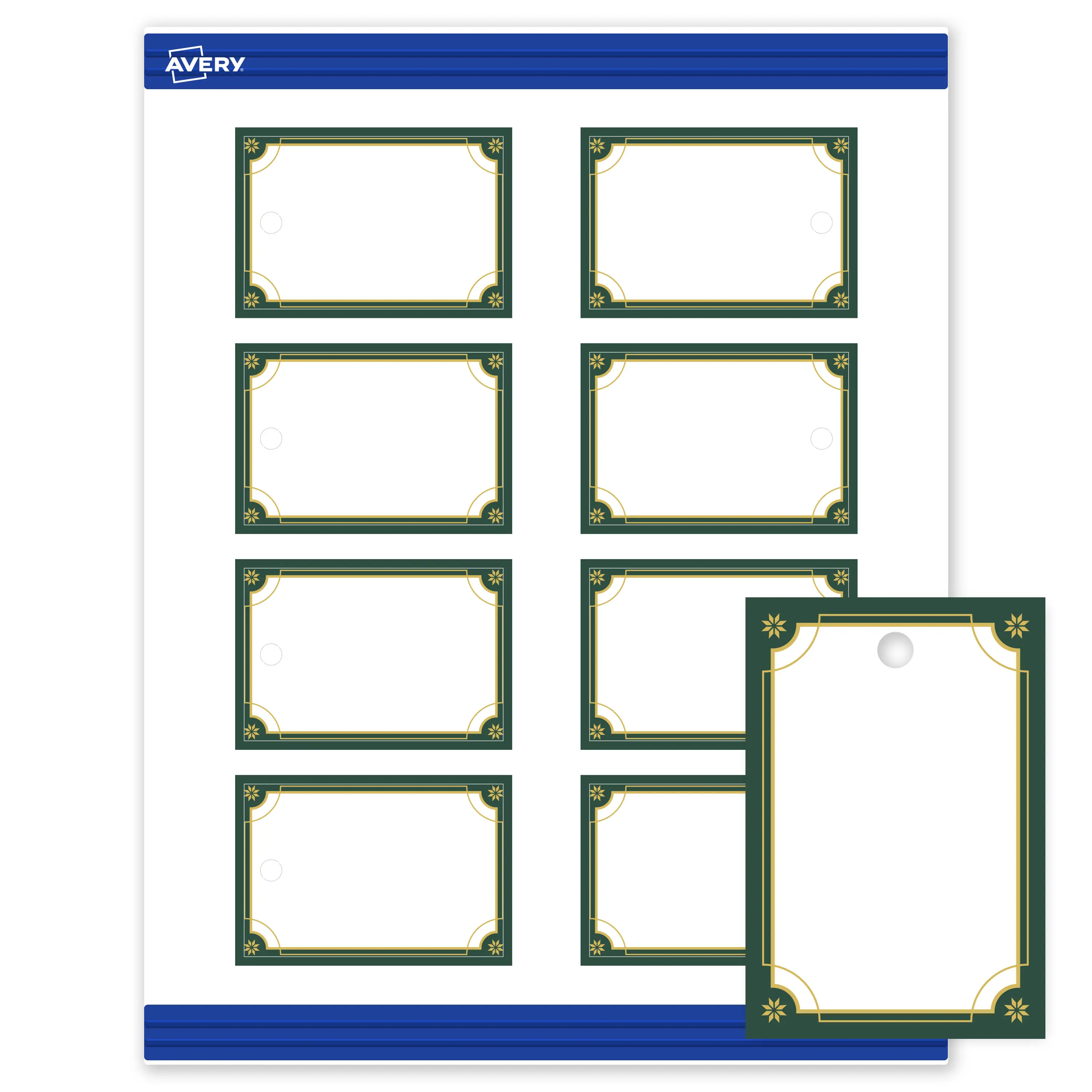 Avery® Printable Christmas Rectangle Tags, 2" x 3", Matte White, Pre-printed Green & Metallic Gold Border Design, Sure Feed® Technology, Laser & Inkjet Compatible, 160 Total