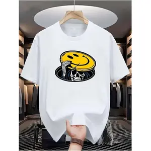 Smiling Skull Men's Casual Digital Print T-Shirt Short Sleeve, Street Hip-Hop Style Fashion Trend