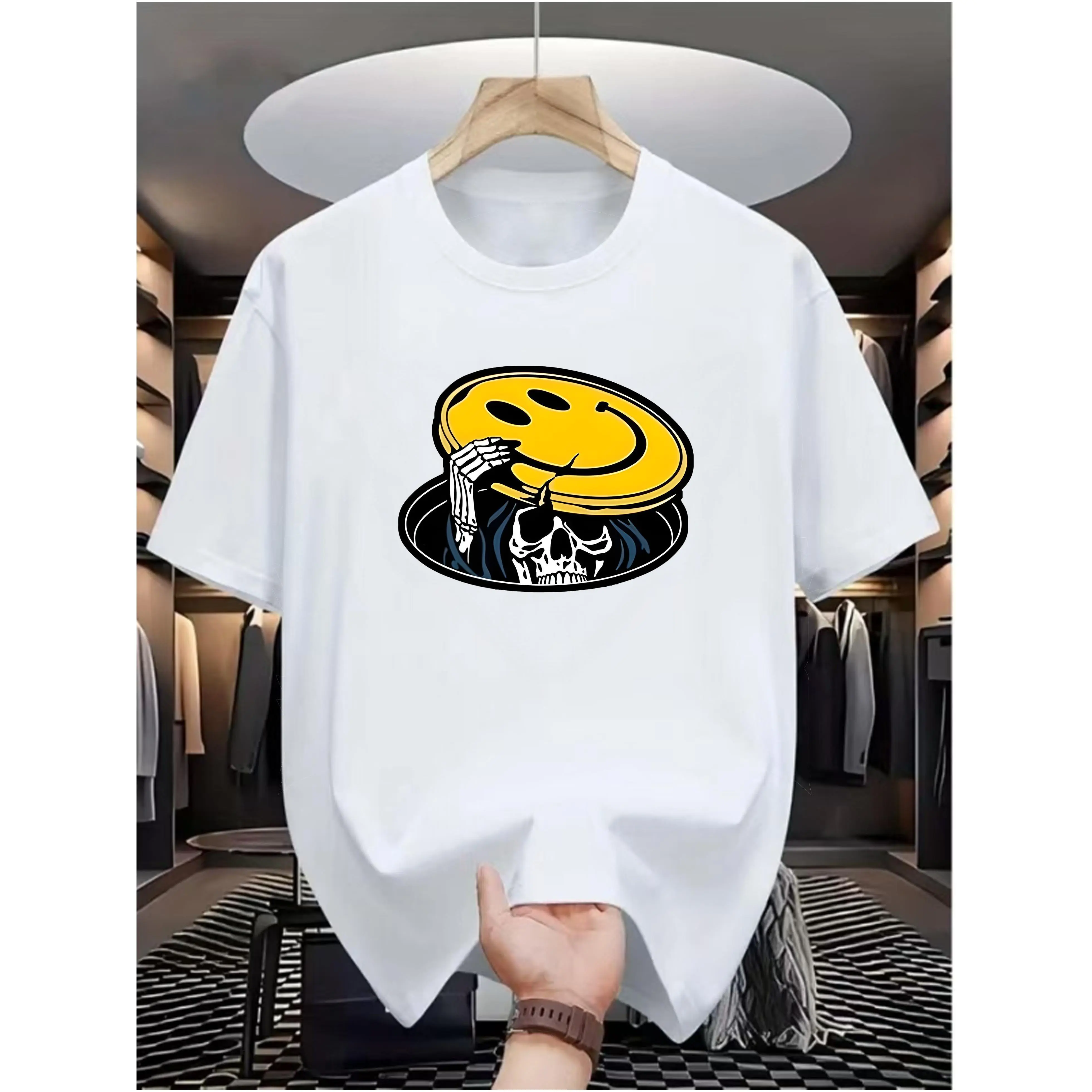 Women's Natural Soft Cotton Graphic T-Shirt - Elegant Shortsleeve Top with Smiling Skull Print, Human-Inspired Sports Casual Hip-Hop Streetwear, Round Neck, Tshirt