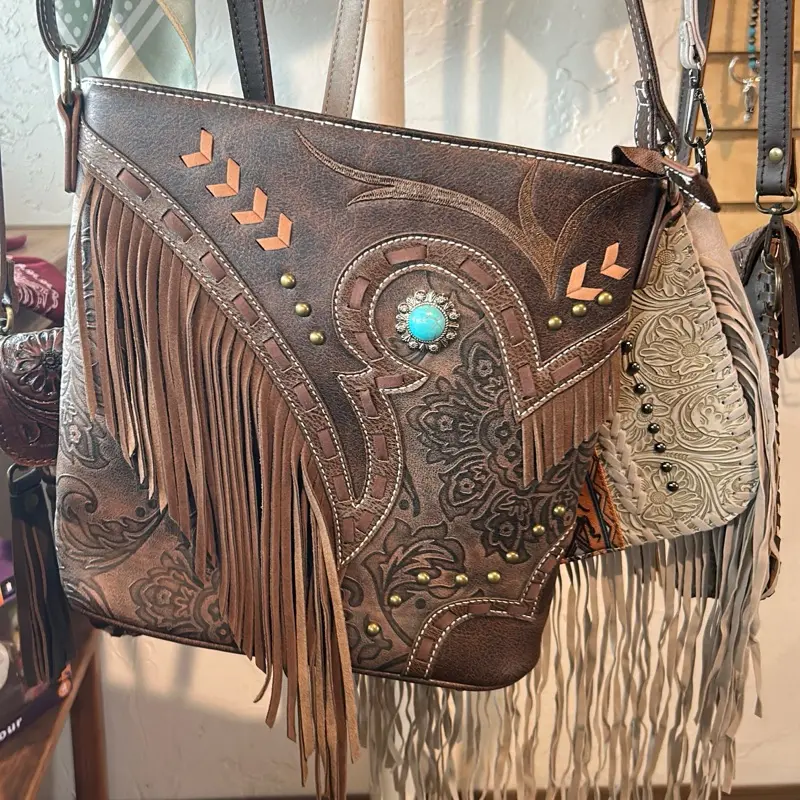 Leather Purse with Fridge - Brown Handbag with Fringe and Turquoise Accent
