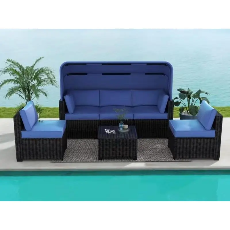 6 Piece Outdoor Daybed Set - Retractable Canopy, Adjustable Backrests, Chaise Lounges, Comfortable Garden Furniture for Poolside, Backyard, Porch, & Patio