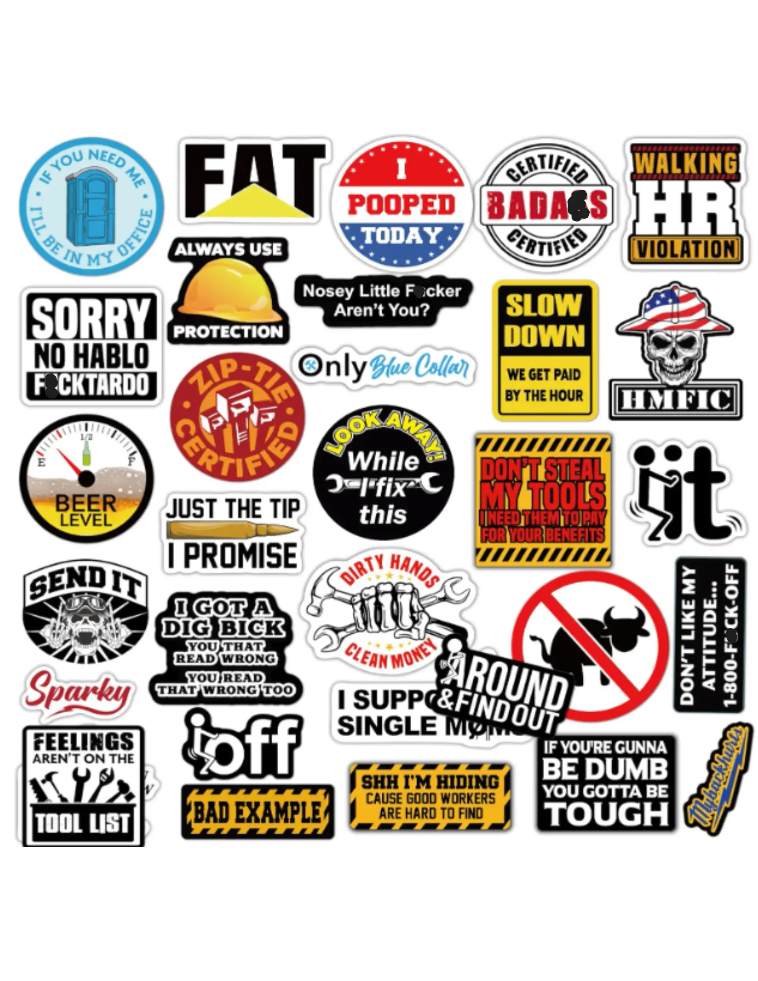 Hard Hat Stickers - 25-150 pcs Funny Stickers (Dirty) - Waterproof Vinyl for Helmet, Tool Box, Electrician, Cars, Blue Collar Accessories, Bumper