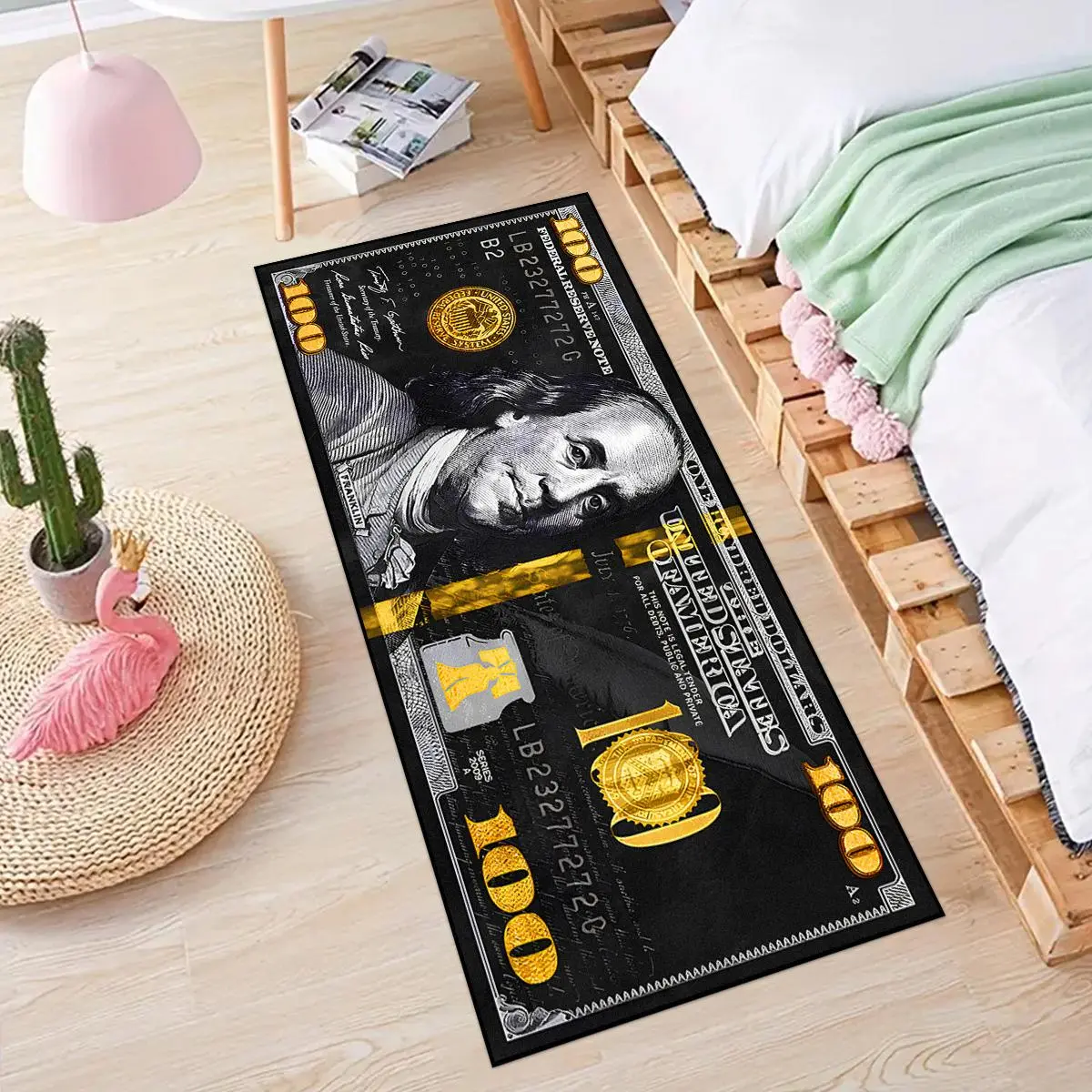 $100 Pattern Bedside Rug, Boho Washable Rug, 1 Count Non-slip Washable Soft Floor Mat, Decorative Carpet for Home Living Room Bedroom Includes Mat