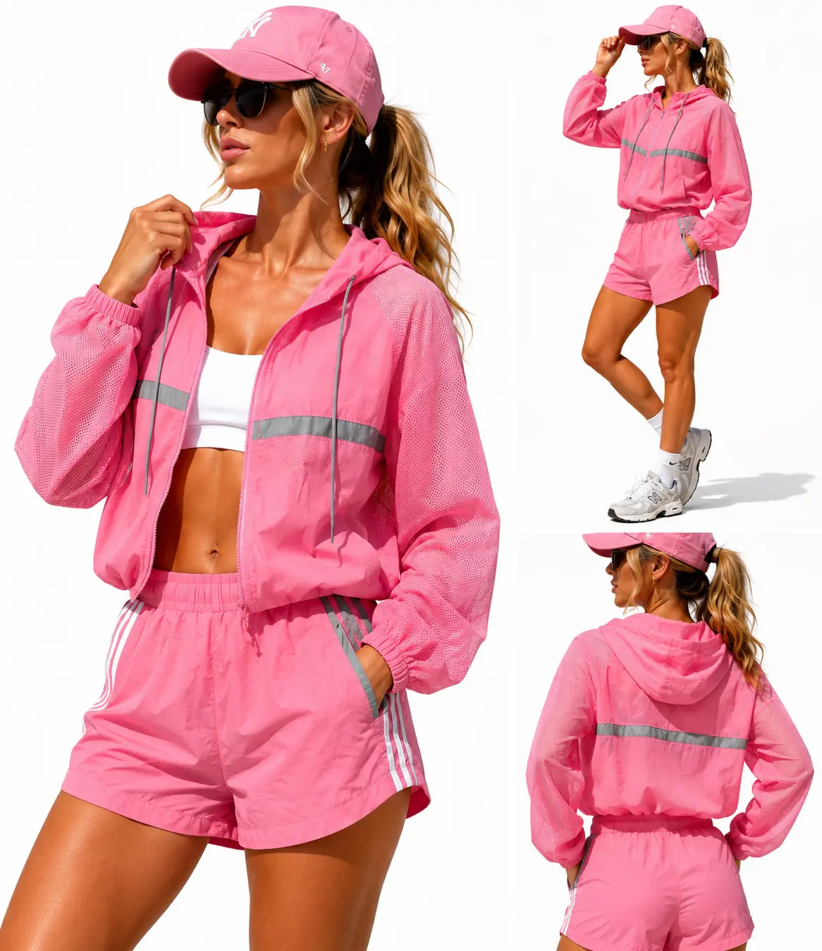 Women's 2-Piece Activewear Set, Techwear Reflective Sun Protection Hoodie & Breathable Mesh Elastic Waist Shorts for Outdoor Workouts, Machine Wash, Fitness For Everyone, Athlete Life