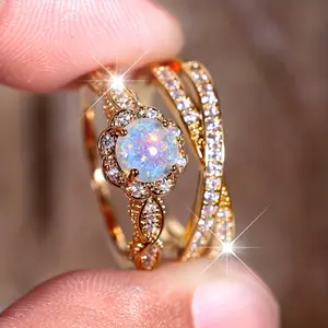 2pcs Opal and Rhinestone Stacking Rings - Trendy X Shape/Halo Design for Daily Outfits and Weddings gemstone Wedding Engagement Promise Bride eternity Ring Anniversary Ring birthstone ring ladies romantic holiday gift