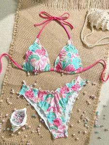 Women's Triangle Bikini Set Ruffles Spaghetti Strap High Cut Ruffle Trim Swimsuit Ditsy Floral Lace Up Two Piece Bathing Suits Swim Top Set