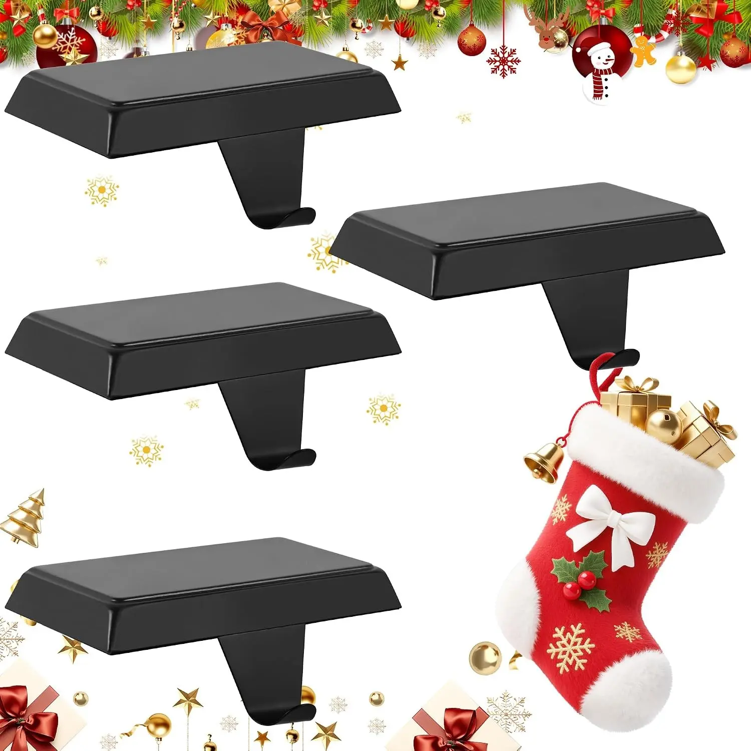 Christmas Stocking Holders 4 Pack Adjustable for Xmas Decoration | Lightweight Christmas stocking holder hanger for fireplace mantle,adjustable design fits most mantels