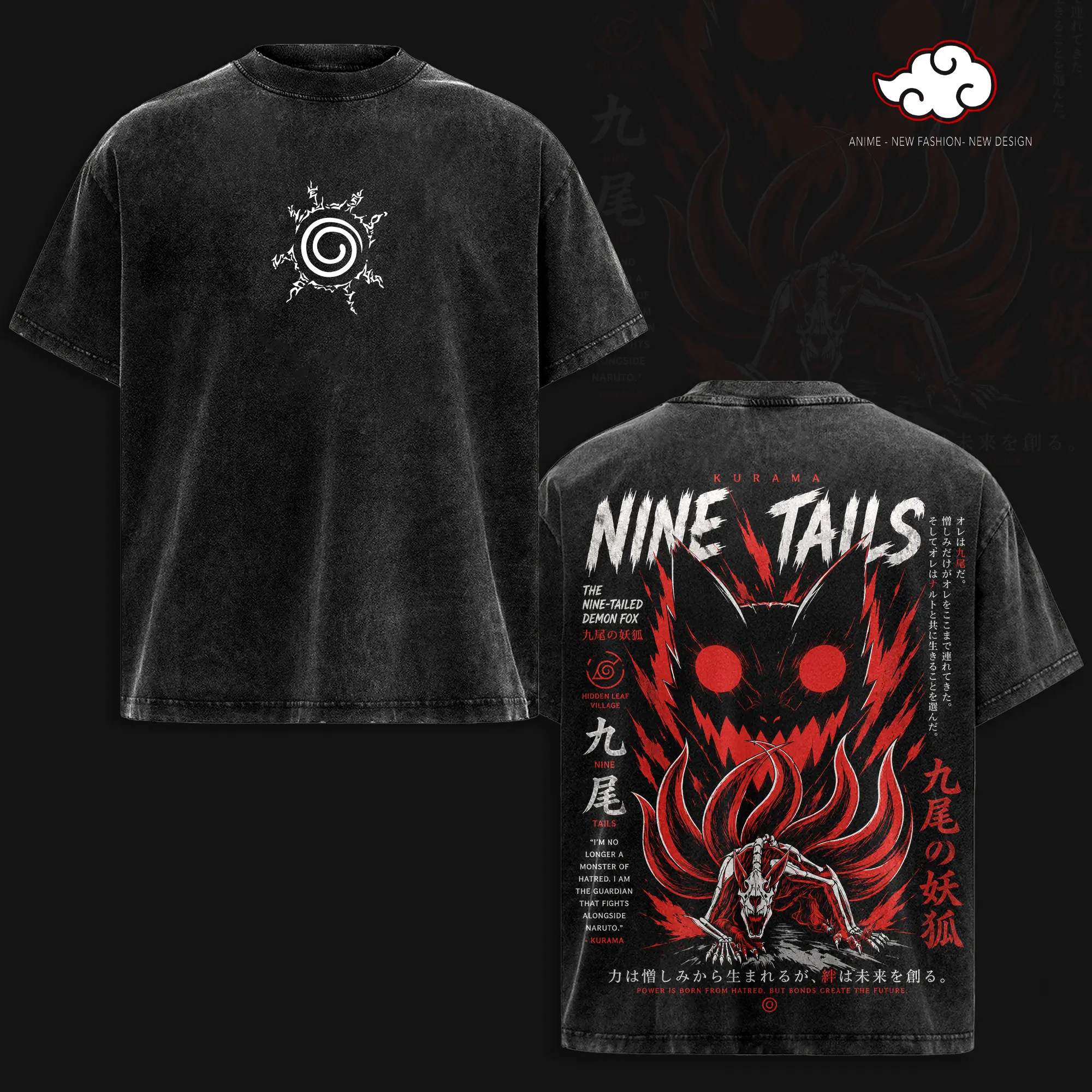 Nine Tails Naruto Shippuden Anime T-Shirt Vintage Acid Wash Oversized Graphic Tee Nine-Tailed Fox Jinchuriki Gift for Naruto Fans