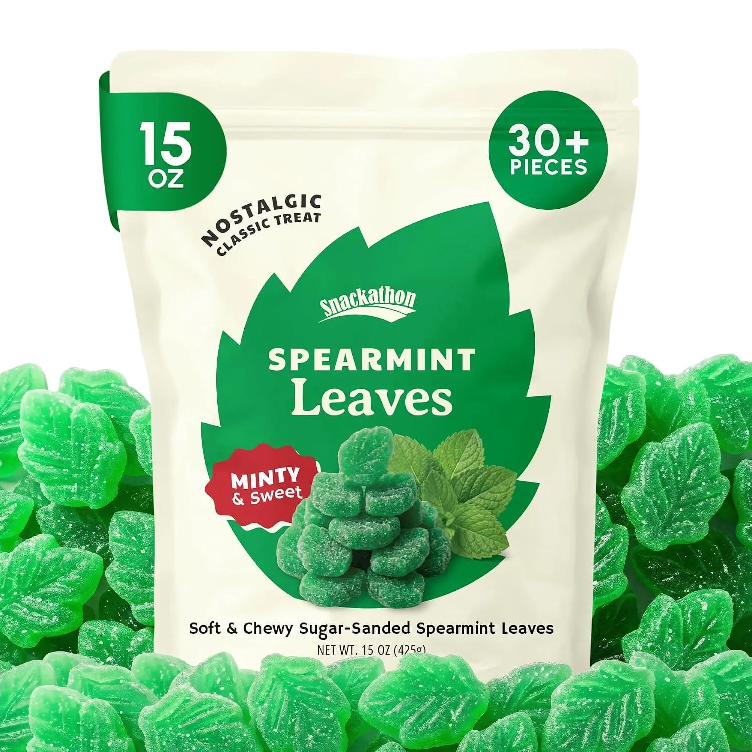 Snackathon Spearmint Leaves Candy, Soft & Chewy Mint Jelly Candy, Resealable Bag, Old Fashioned Sugar-Sanded Green Spearmint Gummy Candy, Gelatin Free, Pieces for Snacking & Sharing
