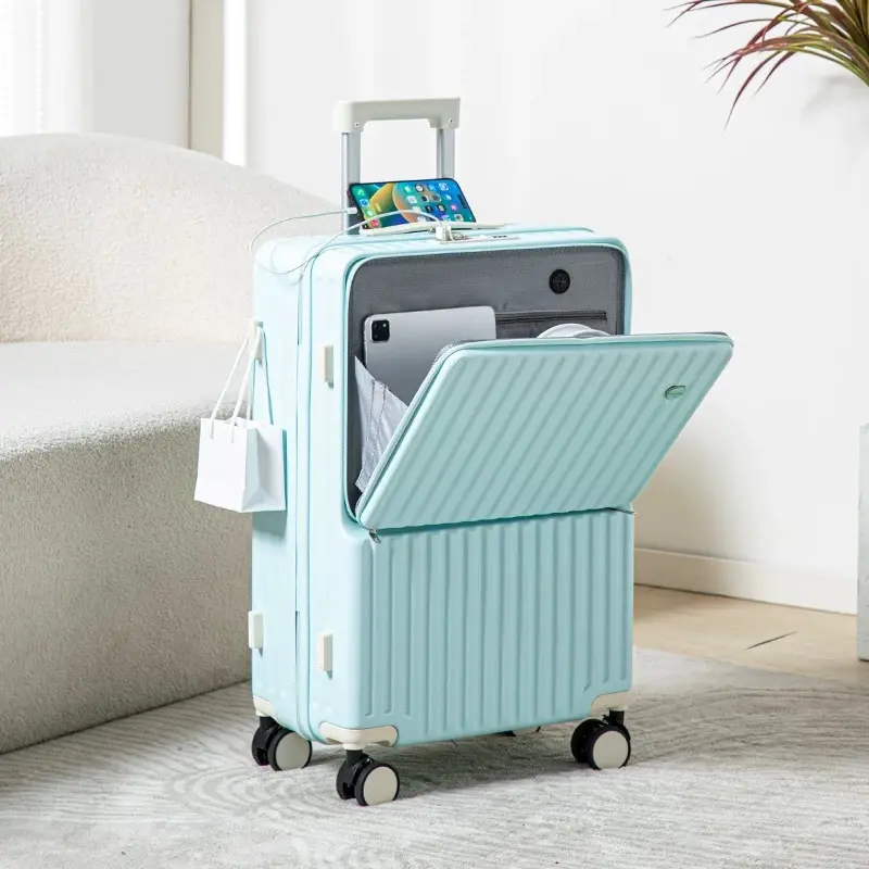 Laptop password lock trolley case, front opening standing pickup luggage configuration USB power port and cup holder design, business casual suitcase