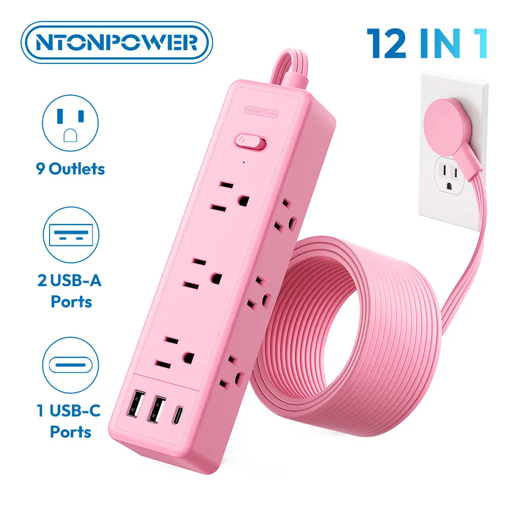 NTONPOWER 10/15FT Pink Extension Cord Kawaii Power Strip with 9 AC Outlets & 2 USB A Ports 1 USB C Compact for Cute Pink Kawaii Desk Home Essentials