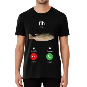 Cotton Fish Calling Reminder T-Shirt with Accept Decline Phone Call Message Casual Streetwear for Men Perfect Gift