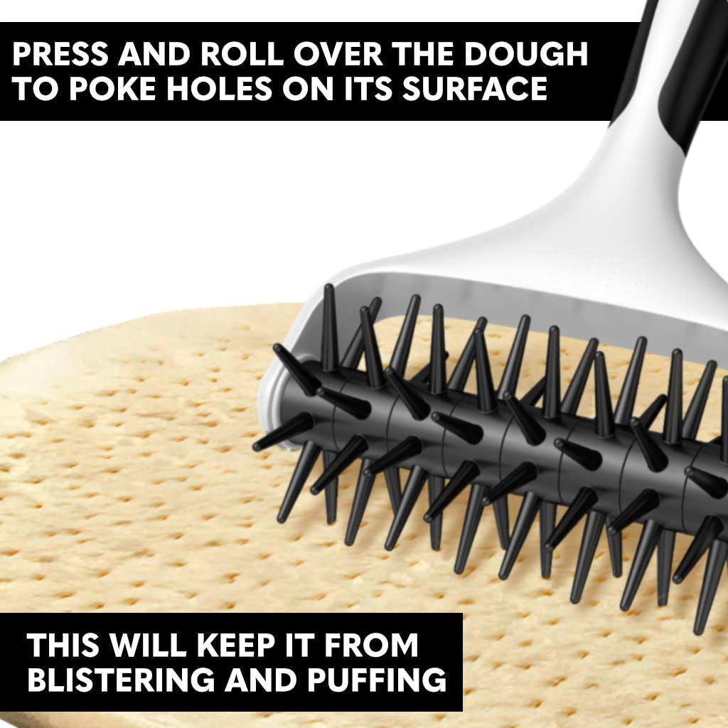Pizza dough press with spikes, a pizza dough press tool for home and commercial kitchens - a pizza making accessory to prevent dough from bubbling, black.