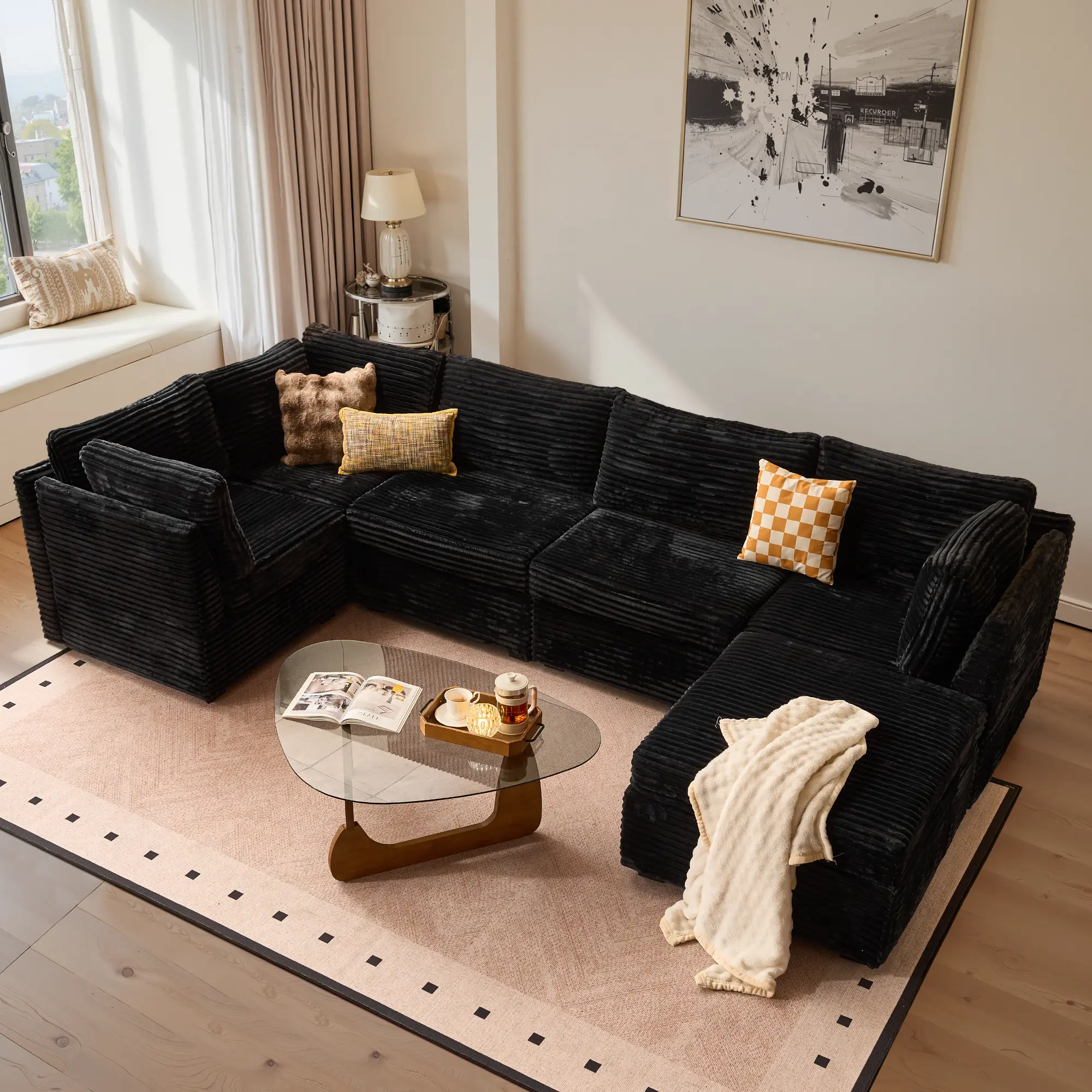 ALLWEX Modular Sectional Sofa Set, 6-Piece, Plush Fur - Corduroy Upholstery, Convertible Couch with Corner & Middle Seats, Ottoman, Removable Sofa Covers, Hidden Connectors, Customizable Layout for Living Room