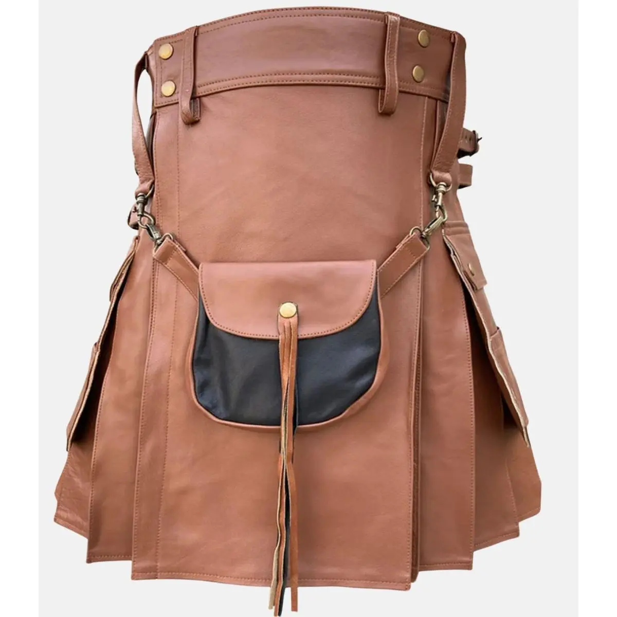Modern Style Brown Leather Kilt with Multi Pockets