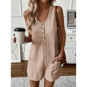 Button Front Romper Jumpsuit With Pockets, Casual Solid Color Sleeveless Romper Jumpsuit For Summer, Women's Clothing Womenswear Overalls(Sheet)