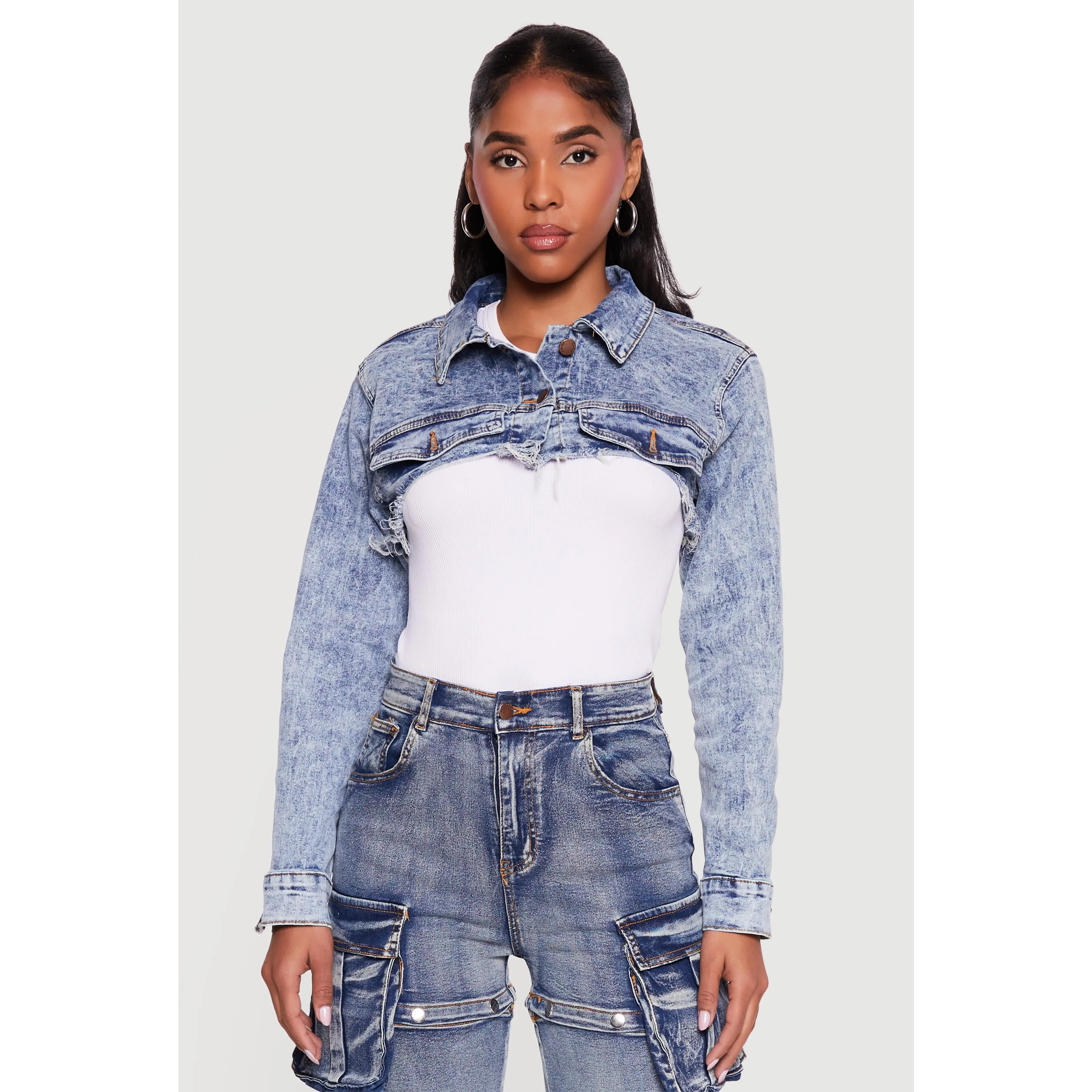 Stone Wash Frayed Denim Bolero Jacket