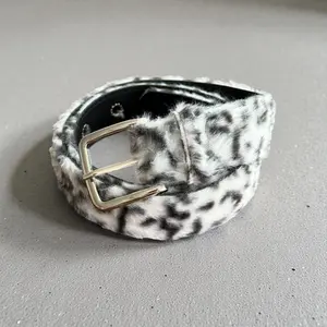 Snow Leopard Fuzzy Belt for Men and Women, Plush Y2K Statement Waist Belt with Silver Buckle, 1.5 x 42 in
