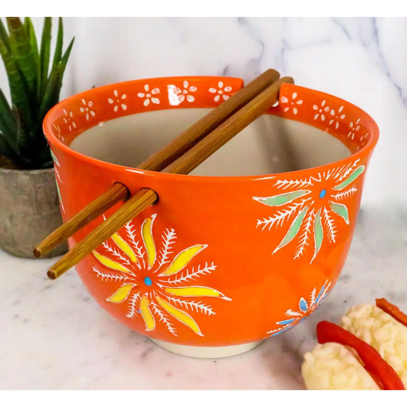 Japanese Design Pottery Ramen Noodle Bowl & Wooden Cutlery Set, Colorful Orange Flower Blossoms Tableware Set