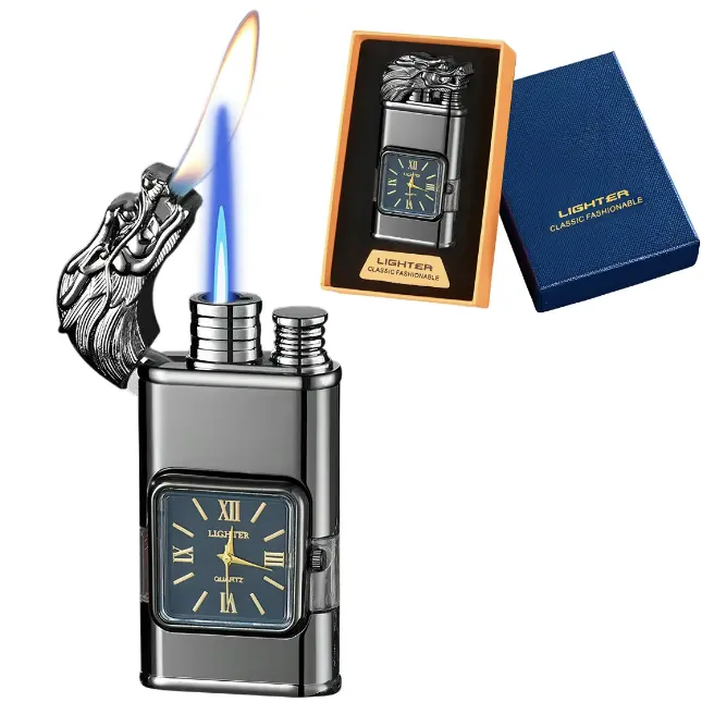 Double flame torch lighter, outdoor windproof portable butane gas replenishment lighter, retro quartz dial lighter, men's gift, gift box packaging (excluding butane gas)
