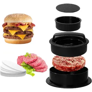 3-in-1 Hamburger Patty Press Maker – Non-Stick Burger Tool with 100 Wax Papers, Easy Mold for Stuffed Cheeseburgers, Beef Sliders, and BBQ – Detachable & Reusable