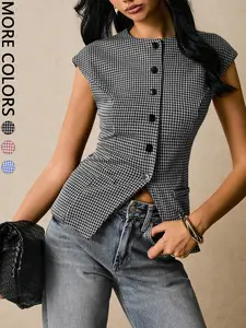 Women's Autumn Checkered Single-Breasted Blouse, Round Neck Small Sleeve Slim Knit Vest Shirt, Old Money College Style