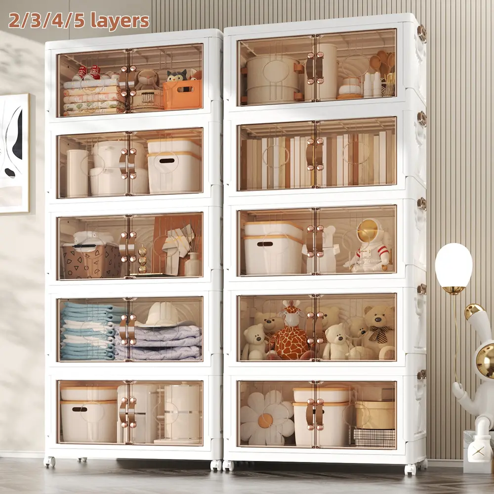 2/3/4/5-tier foldable plastic storage cabinet with doors and wheels, suitable for high-capacity stacked storage in bedrooms, living rooms, and kitchens—high-quality, space-saving design, easy to assemble, transparent doors, magnetic closure.