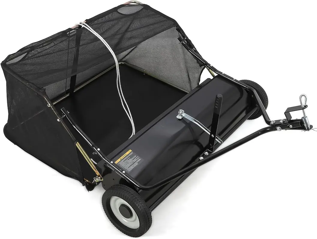 48-Inch Tow-Behind Lawn Sweeper, Durable Gardening Tools, Heavy-Duty Large-Capacity Leaf & Grass Collector with Hand-Adjusted Sweeping Height, Debris Pickup Dumping Rope, Folding Storage, Multi-Terrain Compatibility, Lawn Tractor