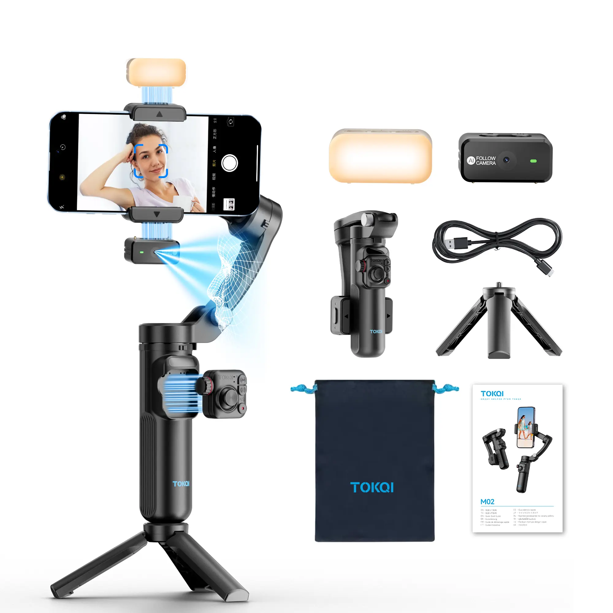 TOKQI M02 3-Axis Smartphone Gimbal Stabilizer for Vlogging, with AI Face Track, Magnetic Fill Light, Remote Control, Foldable Tripod