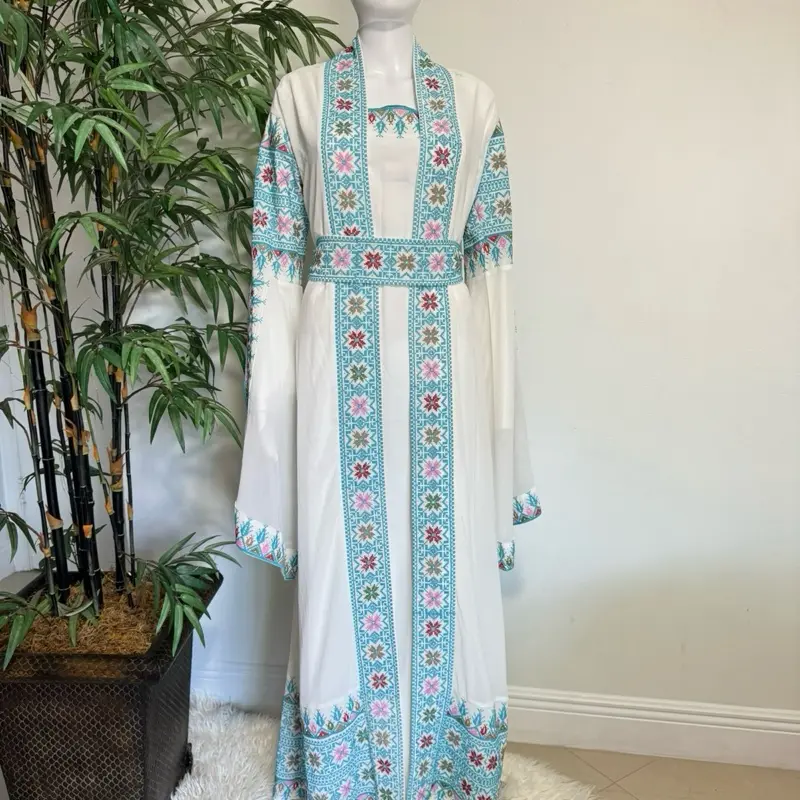 Women's 3-Piece Chic Islamic Thobe Set - Traditional Embroidery, 2-Layer Abaya, Long-Sleeve Inner Dress, Matching Belt - for Wedding, Holiday, All Seasons