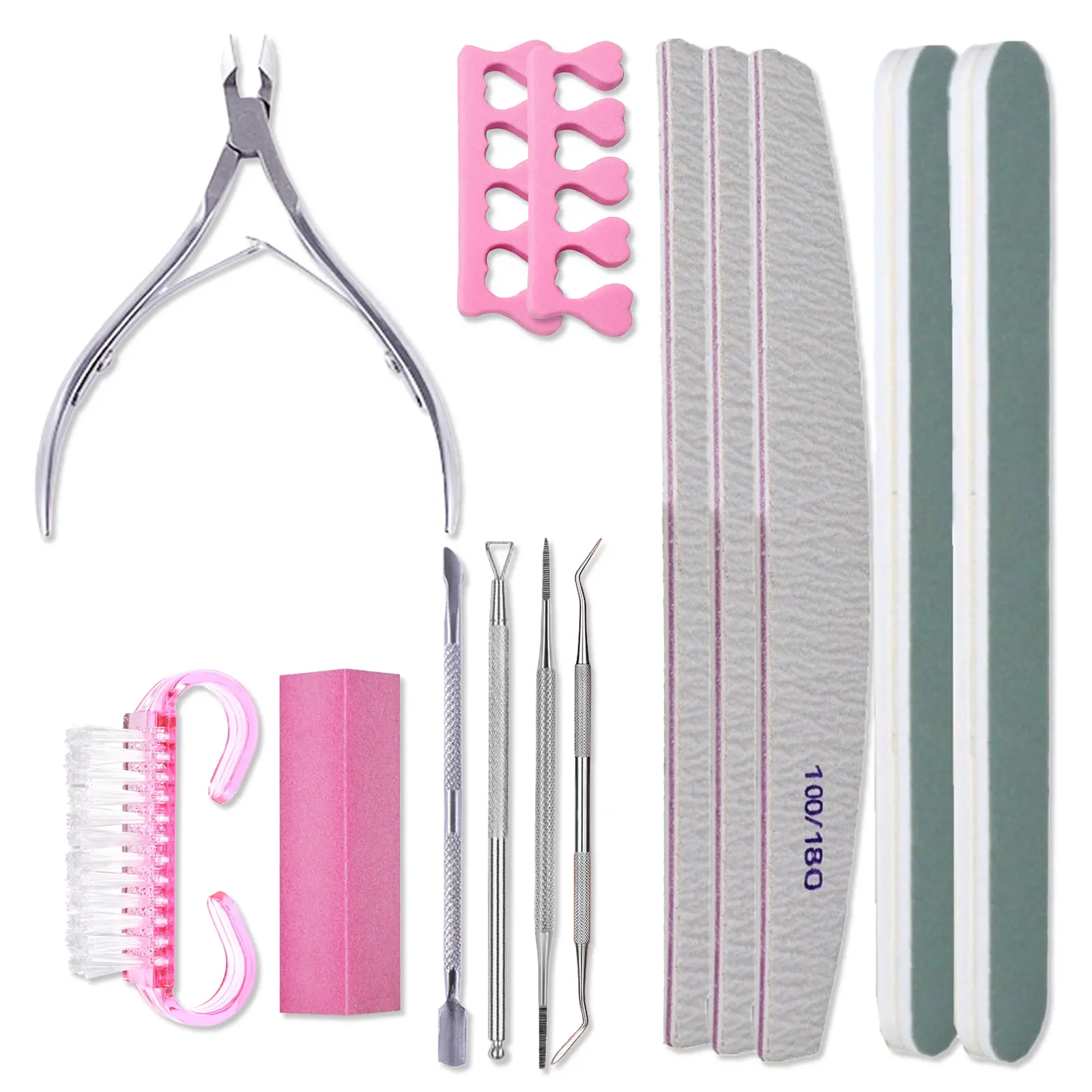 13-Pcs 1-Set Essential Nail Care Kit - 100/180 Files, Buffer Blocks, Clippers, Nippers, Trimmer, Cuticle Pusher, Separators for Shaping, Smoothing, Clean Trim (Beginner-Friendly 13 Essential Tools)