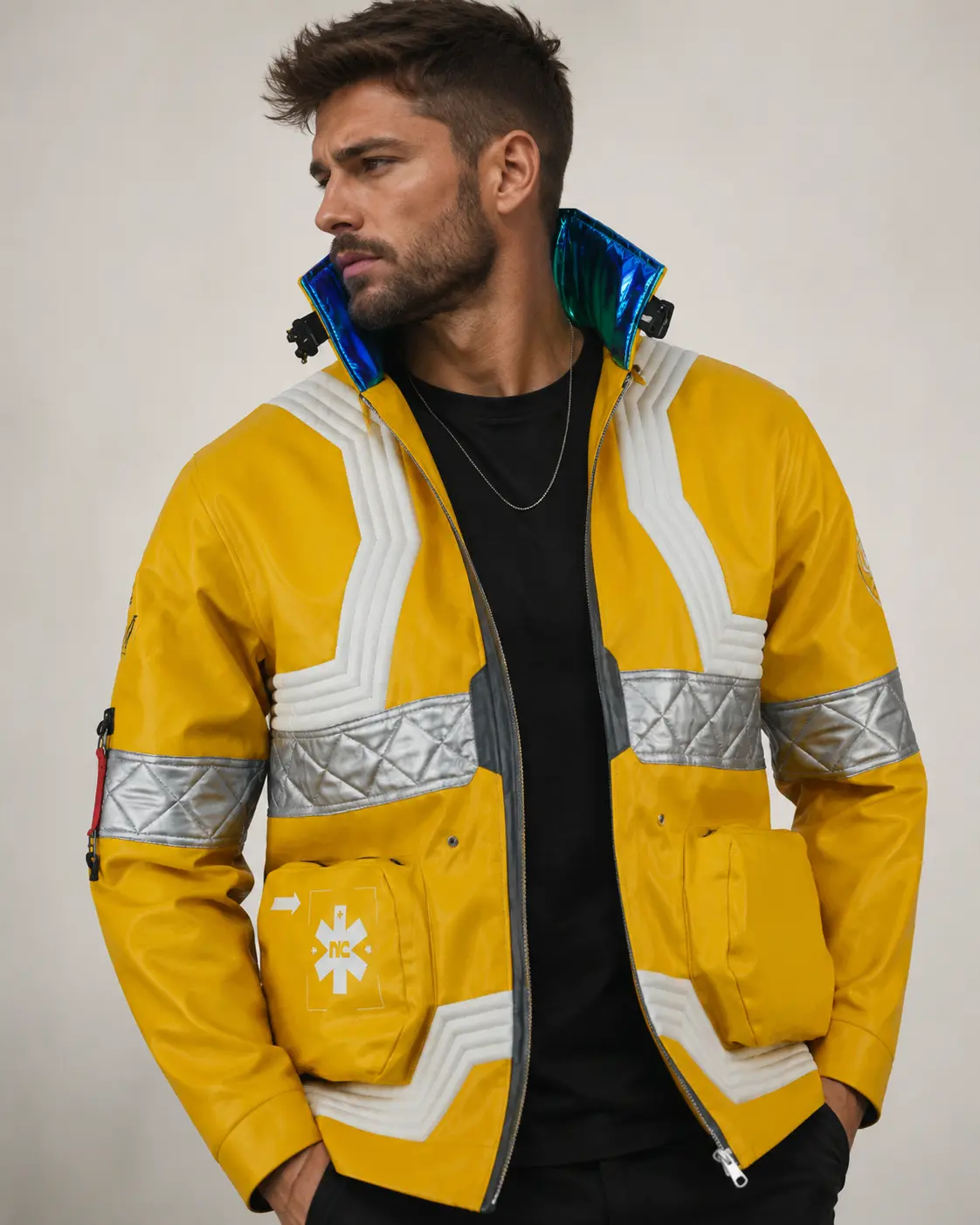 Q*Leather Anime Cyberpunk Edgerunners David Martinez Cosplay Costume Stand Collar Neon Yellow Jacket Hoodie Zipper Coat Punk Adult Men Halloween Vegan Leather Jacket Personalized Jacket Pocket Handmade Stripes Padded White Clothes