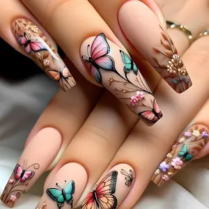Butterfly Pattern Fake Nails with Nail File & Tape, Long Ballerina False Nails for Women & Girls DIY Nail Art, Effortless Press on Nails Manicure Set, DIY Nail Kit