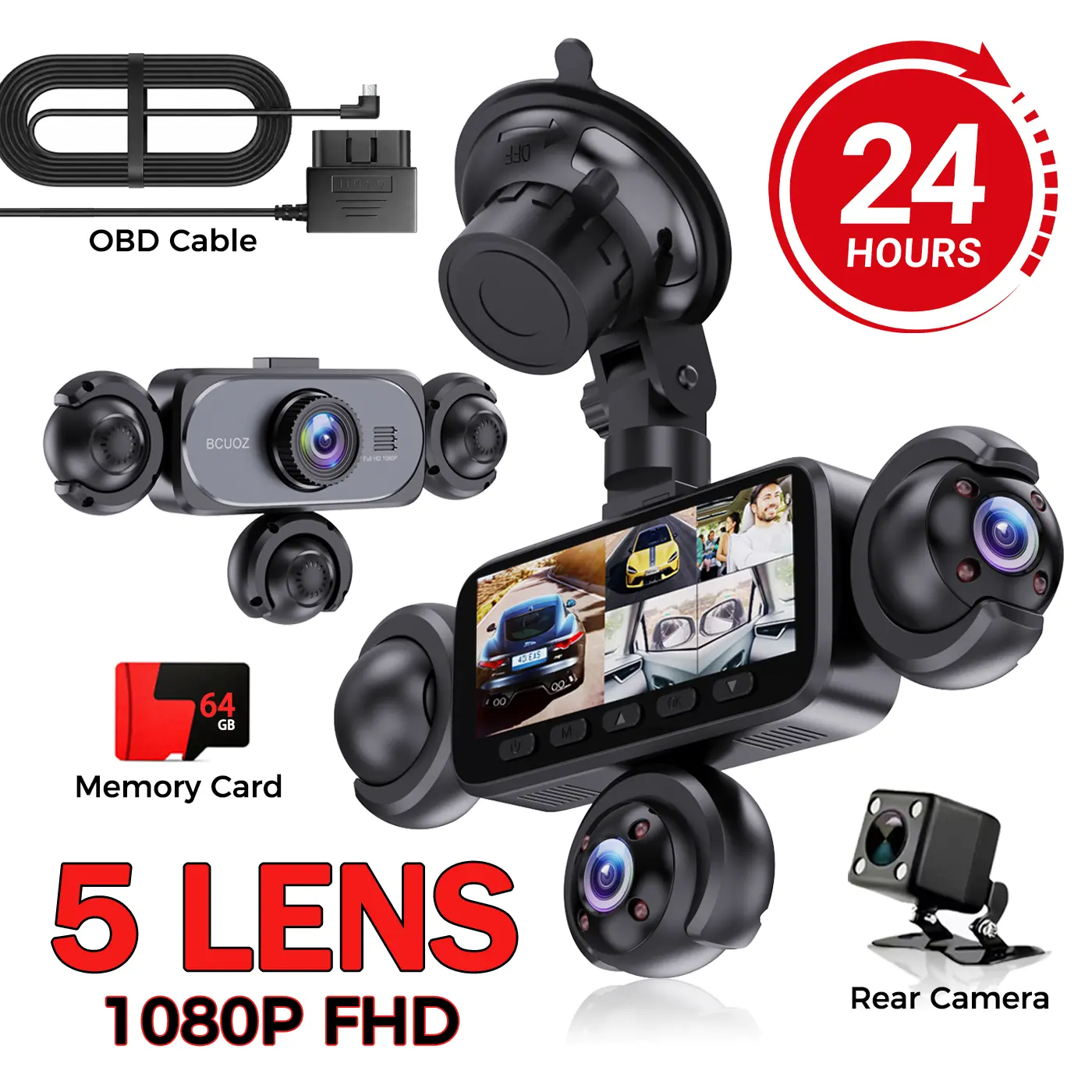 BCUOZ 5 Lens Full HD 1080P Dashcam,Free OBD Cable with 24/7 Parking Monitor, Not wireless, 1080P Front and 720P Full coverage of Rear/Left/Right/Inside,3.16 inch Five Split  Screen Display,Night Nision,G sensor, Loop Recording, Free 64GB Memory Card