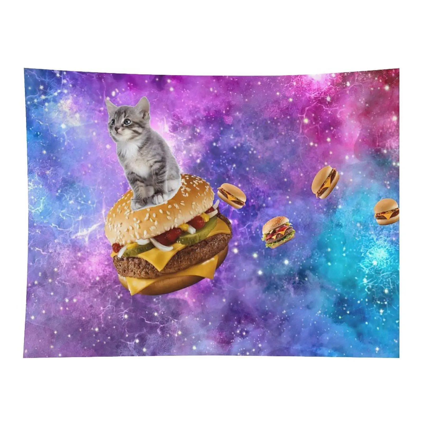 Funny Galaxy Cat Riding Burger Tapestry - Whimsical Room Decor, Funky Quirky Home Decor, Funny Art for Bedroom Wall Accent, Wall Decor