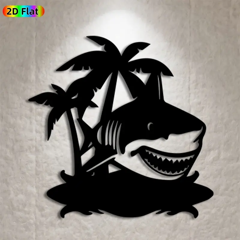 1pc Shark & Palm Tree Metal Wall Art, Tropical Shark Statue Mural, Ideal Gift for New Year, Easter, Beach Theme Enthusiasts, Weather-Resistant Metal Wall Decor Wall Sculptures, Perfect for Patio Wall & Garden Fence, Coastal Home Decor Enthusiasts
