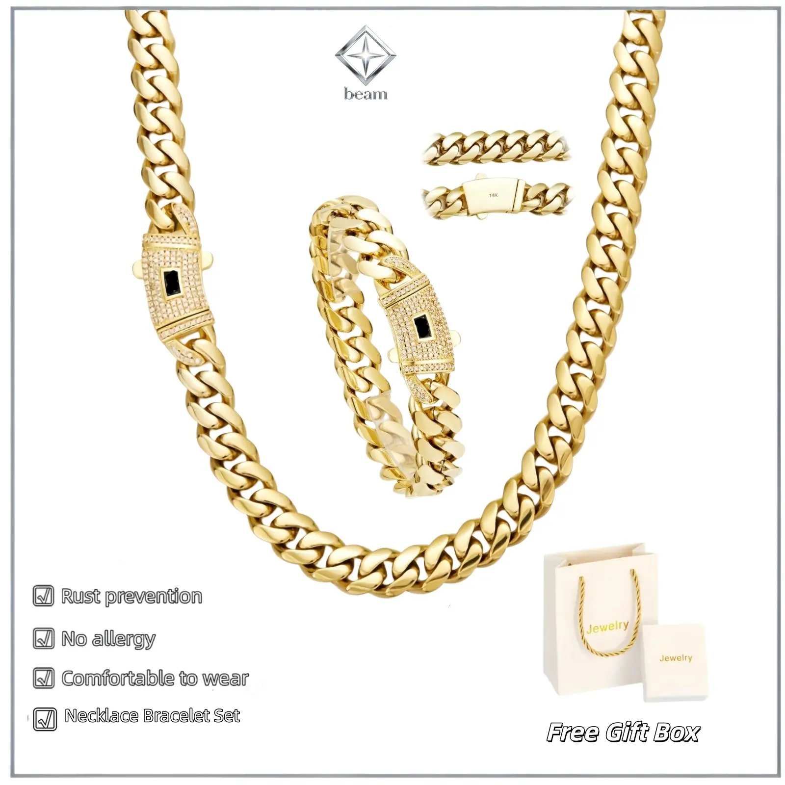【Set】14K gold-plated Cuban necklace and bracelet combination set, new anti-rust technology, comfortable to wear and non-allergic. 6mm/8mm/10mm/12mm/14mm can be selected. Suitable for leisure, business, entertainment and any other occasions