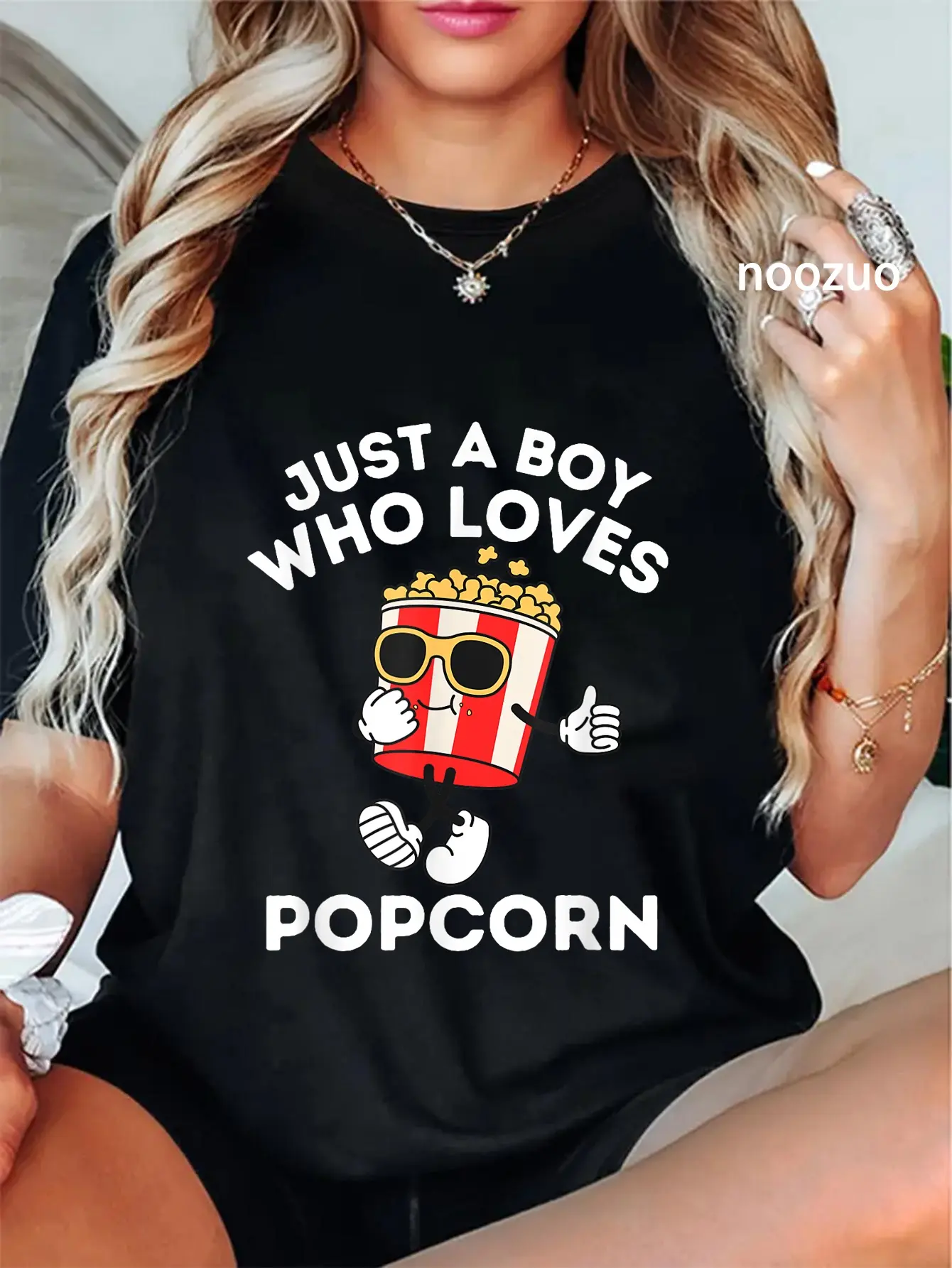 Funny Graphic T-Shirt for Women, Sarcastic 'Just A Boy Who Loves Popcorn' Quote, 100% Cotton Casual Everyday Wear, Graphic Tees Women, Popcorn Lover, All Seasons, Short Sleeve, Large, Machine Washable, Vintage, Tops, Casual Fit