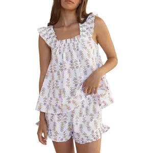 Tankaneo Womens Floral Print Pajama Sets Ruffle Trim Cami and Casual Shorts 2 Piece Lounge Set PJ