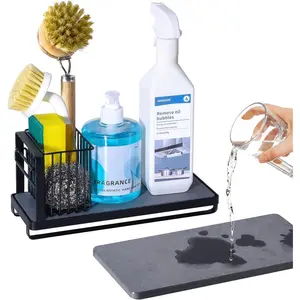 KONE Black Kitchen Sink Caddy: Kitchen Sponge Holder with Instant Drying Stone and Brush Holder, Rustproof Sink Organizer for Sponges, Soap, Home Decor Storage and Organization