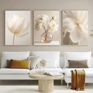 3pcs Set of Three Scandinavian Design Beige Peony Flower Artistic Art Poster Modern Floral Plant Wall Decoration Beautiful Art Canvas Printing Home Bedroom Decoration