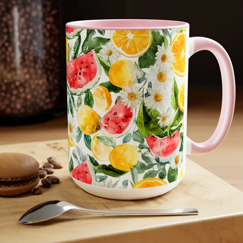 Watermelon Mug, Summer Lemon Coffee Mug, 15oz Colorful Fruit-Inspired Design