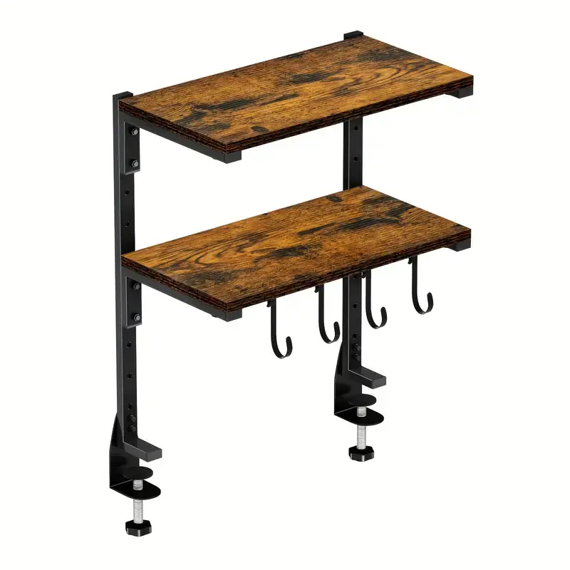 2-Tier Adjustable Clip-On Desktop Organizer - 16-Inch Metal & Reclaimed Wood Side Table, Rustic Brown Finish, Space-Saving Office Supply with 2-Compartment Racks & Displays, Clips Organizer, Metal Clamp, Two-Compartment Racks & Displays