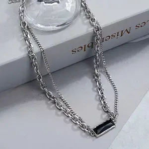 KZZ Men's Clothing Matching Accessories - Silver Chain Necklace with Black Accent Piece Solid Cuban Link christmas gifts for him