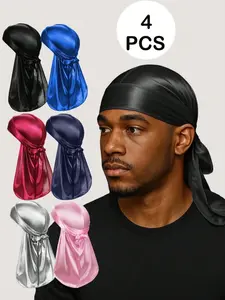 4 Pcs Unisex Silk Durags with Elastic Band, Casual Solid Color Fashionable Headwear for Waves & Daily Wear, Breathable Soft Comfort Durags with Extra Long Tail, Head Scarf