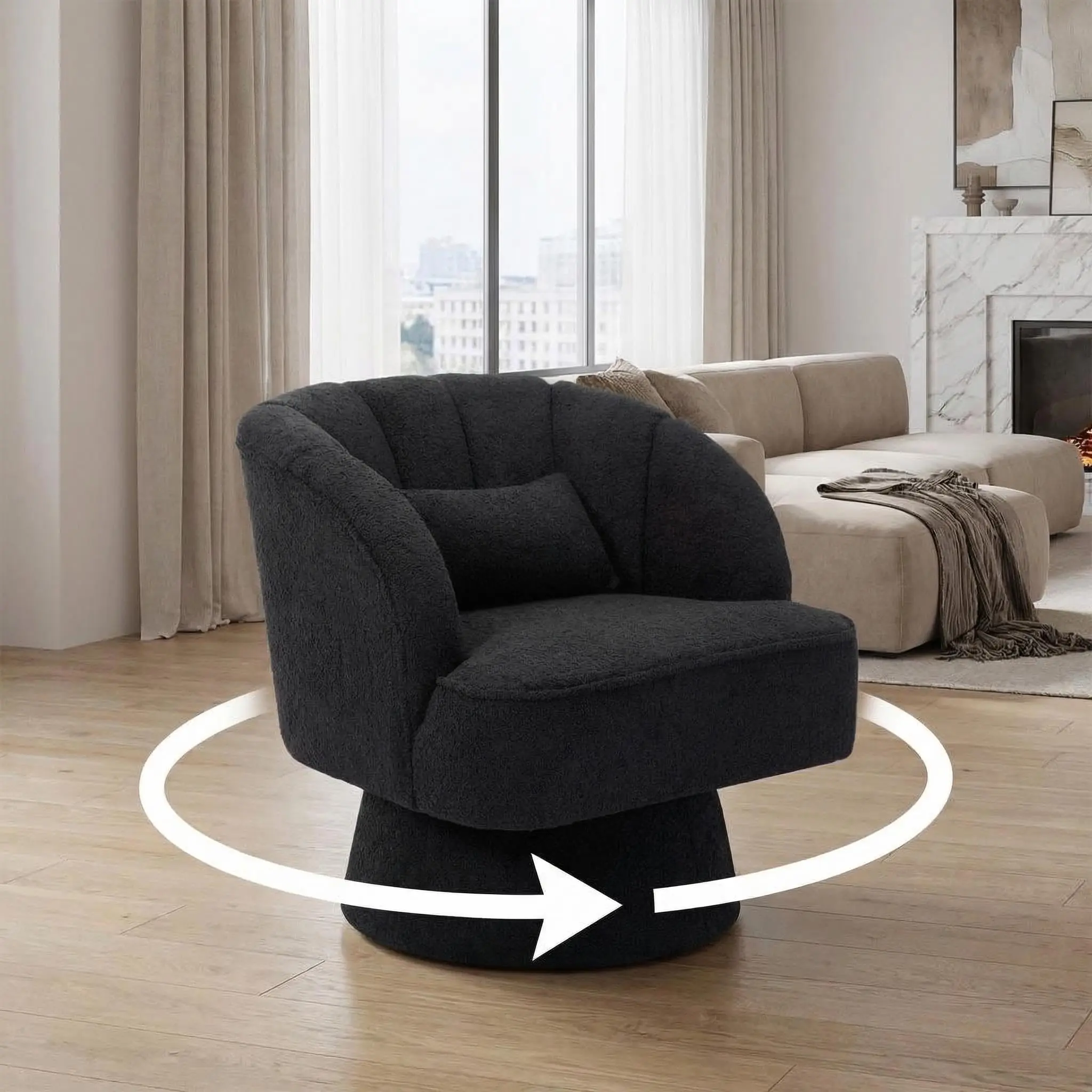 Garvee 360° Swivel Teddy Fabric Accent Chair - Modern Barrel Armchair with Striped Backrest, Fully Padded Cushion, Indoor Lounger Furniture for Living Room, Bedroom, Comfy Accent Chairs, Fully Padded Chair