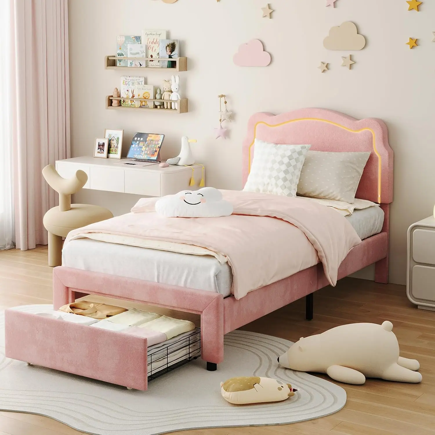 Pink Twin Bed Frame, Modern Upholstered Platform with Smart LED, Adjustable Multifunctional Headboard and Storage Drawer, Wooden Slats Support, 750lb Capacity, No Box Spring Needed, Easy Set-Up, Kids’ Princess Bed