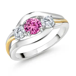 Gem Stone King 925 Silver and 10K Yellow Gold Pink Created Sapphire and Moissanite 3-Stone Ring for Women | 1.01 Cttw | Round 5MM & 4MM | 2-Tone Split-Shank Wedding Anniversary Promise Ring