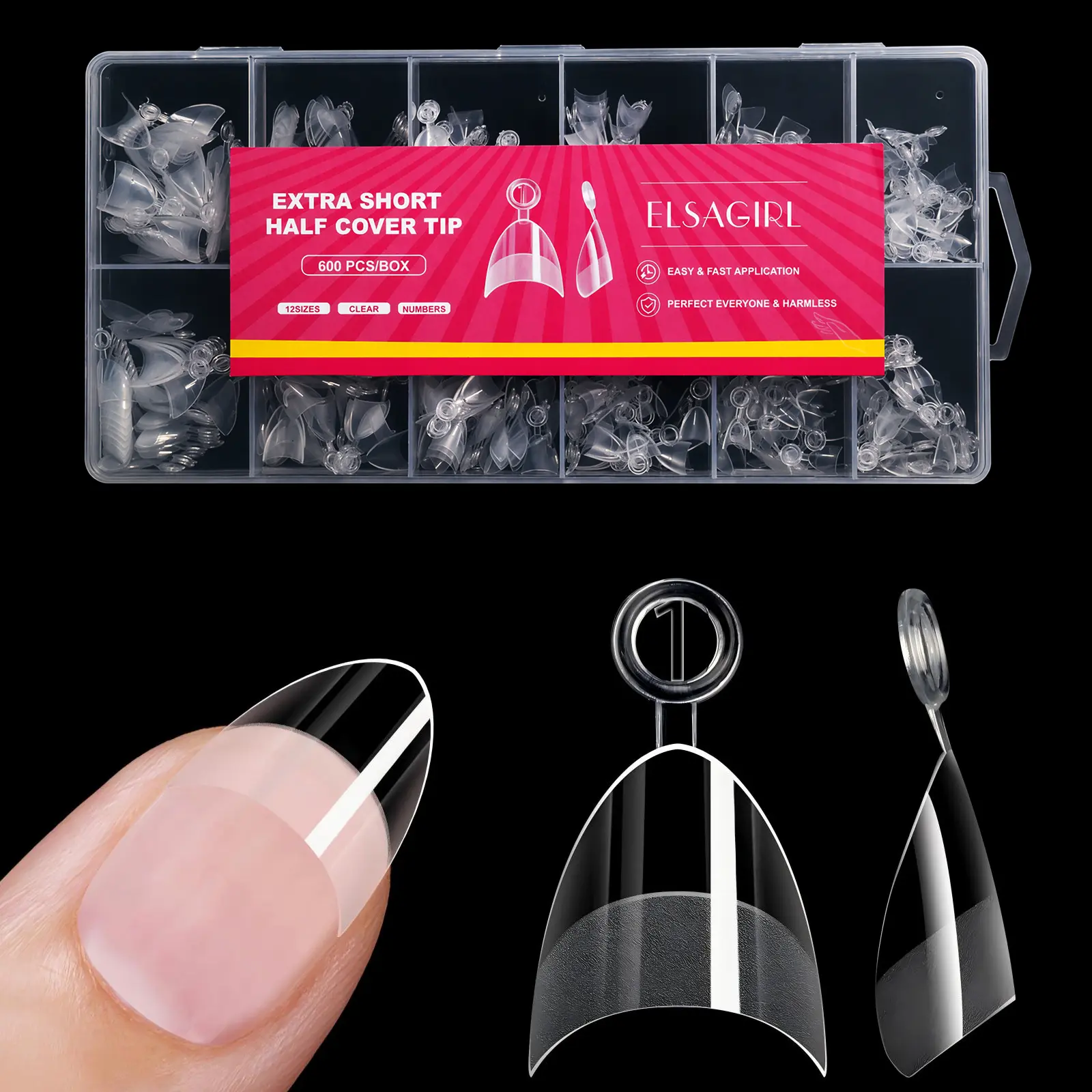 600Pcs Extra Short Half Cover Almond Nail Tips Gel x Clear Set, Pre Shape XXS for Manicure Art Home DIY Salon 12Sizes