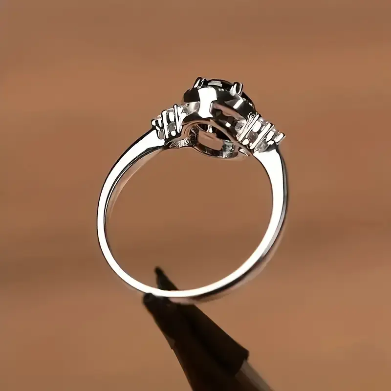 925 Sterling Silver Classic Style Engagement Ring, Black Oval Cubic Zirconia, Eternal Symbol Of Love Commitment, Elegant Party Jewelry.